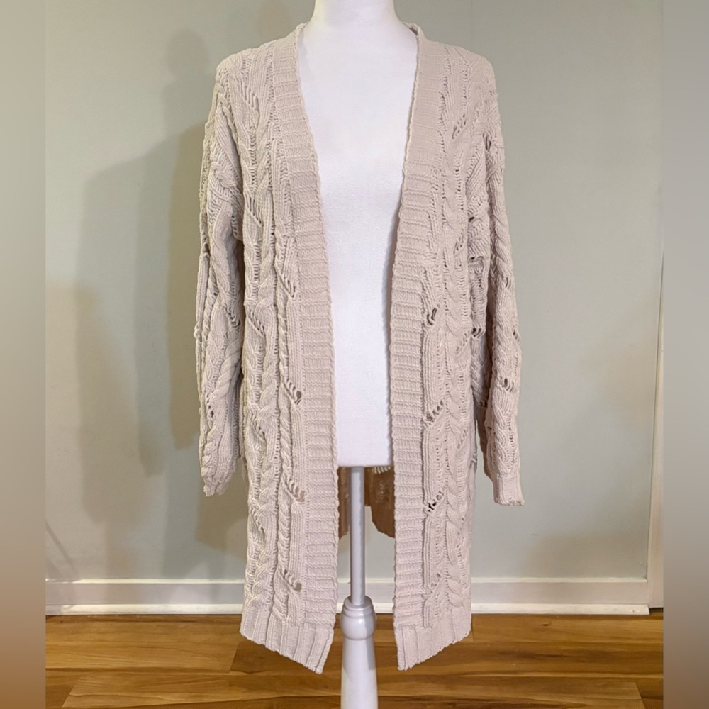 POL Oversized Loose Knit Chenille Cardigan in Cream, Size Small